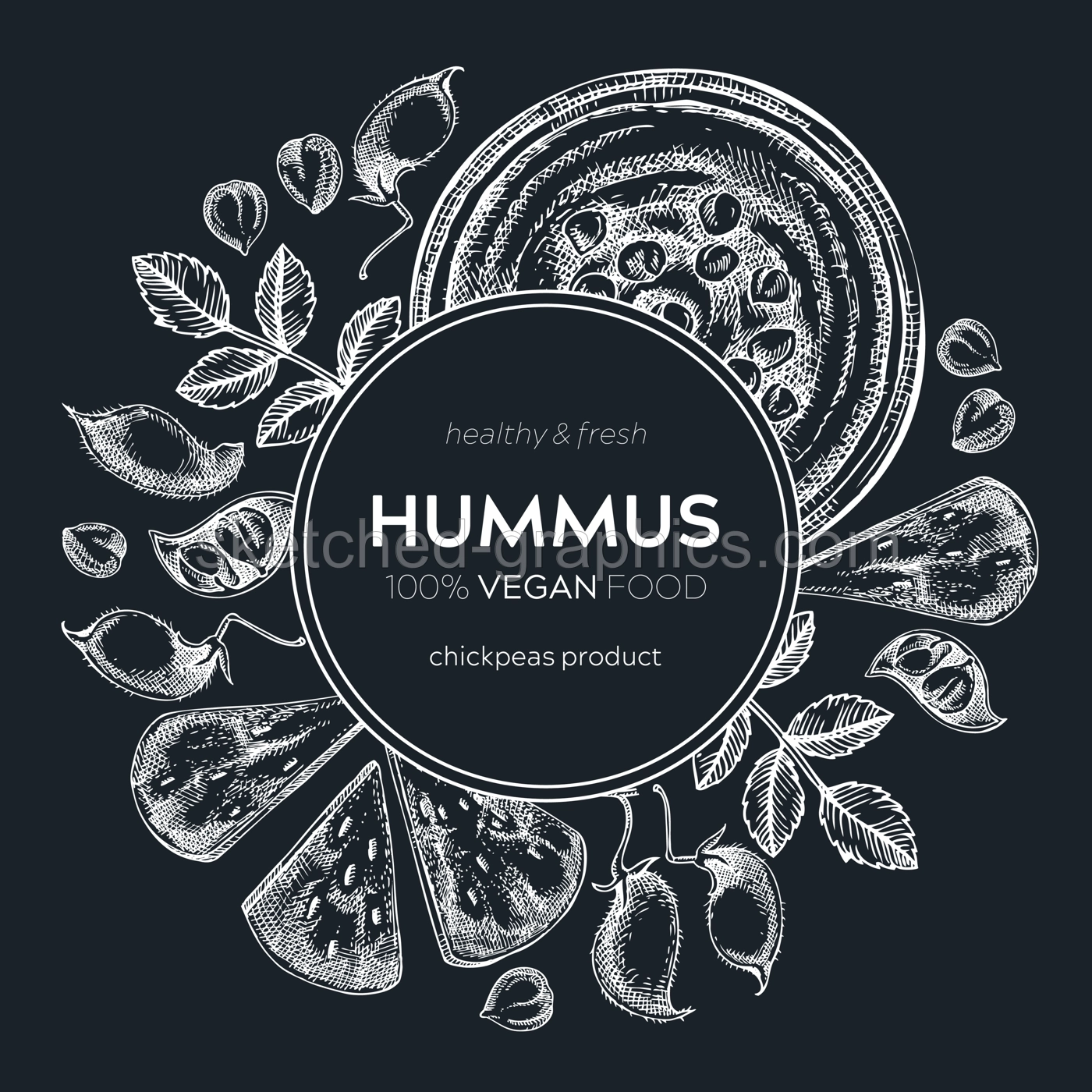 Hummus wreath design on chalkboard. Mediterranean food, ingredients, plants, pita sketches. Vegan food illustration. Hand-drawn hummus in plate, pita, and chickpeas for menu, recipe, or packaging Illustration